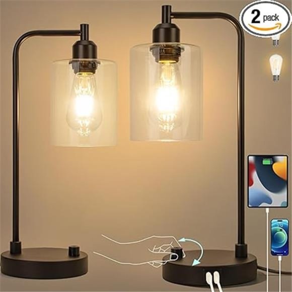 Industrial Bedside Table LampSet of 2Fully Dimmable Lamps for Bedroom Modern USB - Picture 7 of 7
